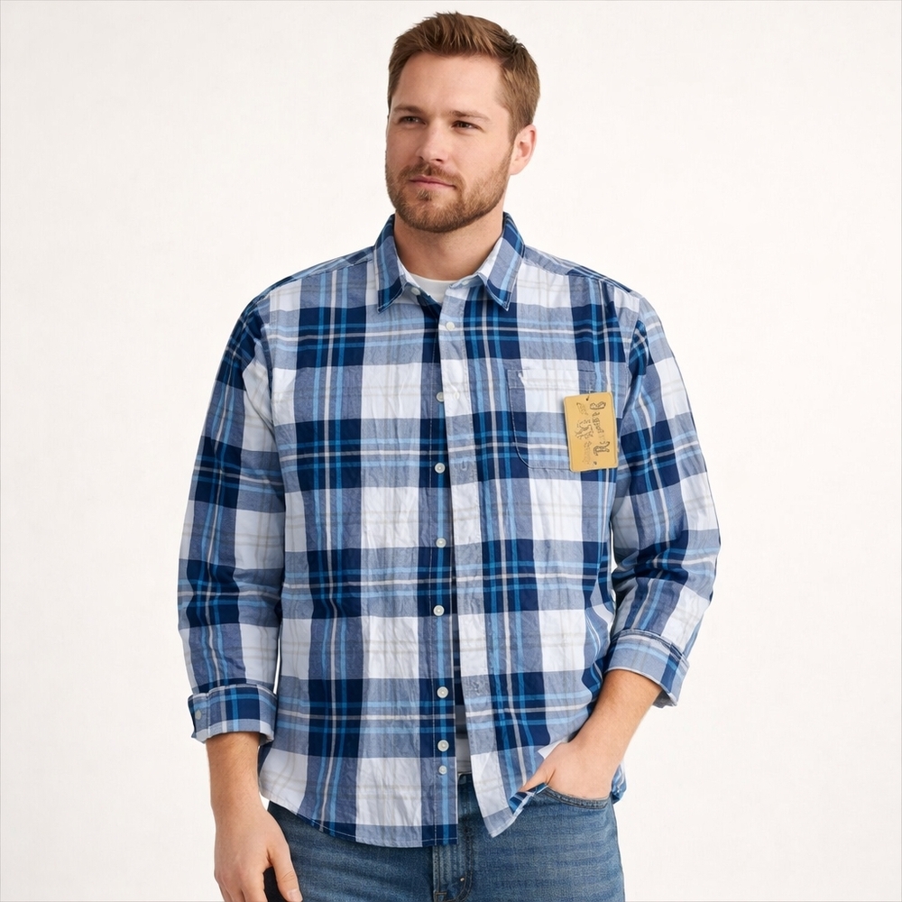 NEW Roebuck  & Co Button Down Shirt Mens XL Plaid Long Sleeve Blue Gray Check